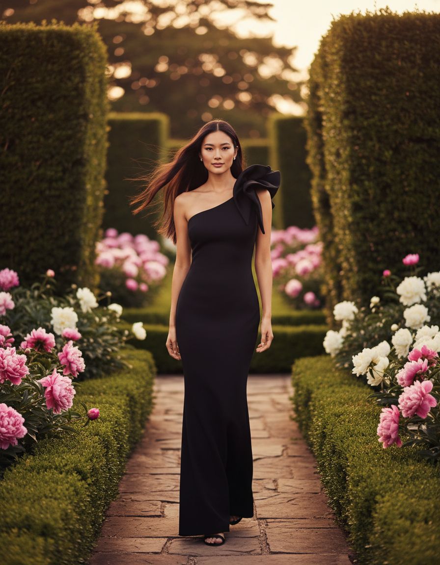 One-shoulder scuba crepe long formal gown in [color], worn as wedding guest dress — view 3a