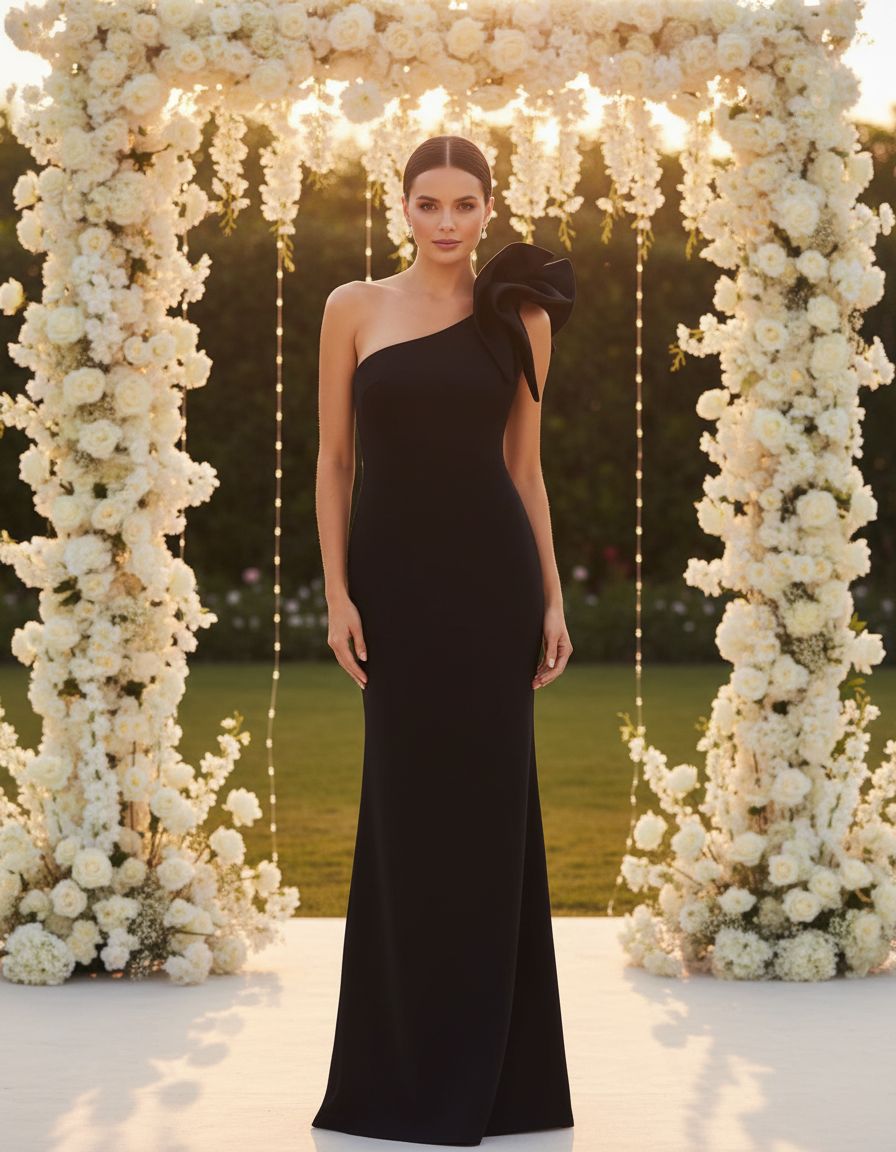 One-shoulder scuba crepe long formal gown in [color], worn as wedding guest dress — view 6