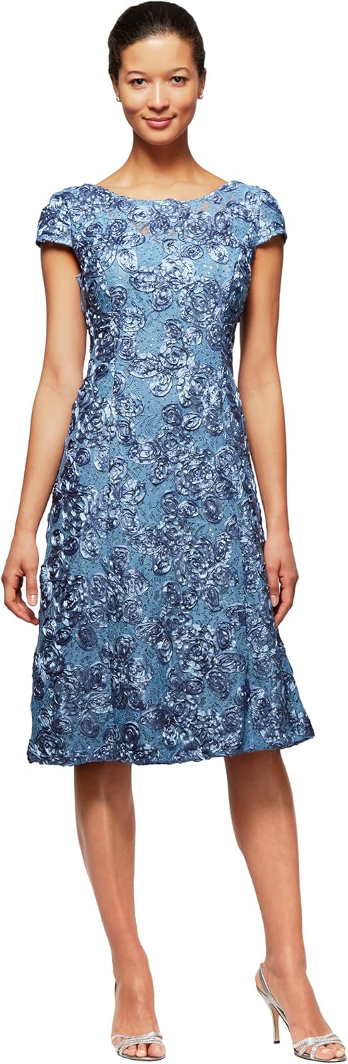 Classic rosette tea length A-line dress in [color] for wedding guest occasions — view 1