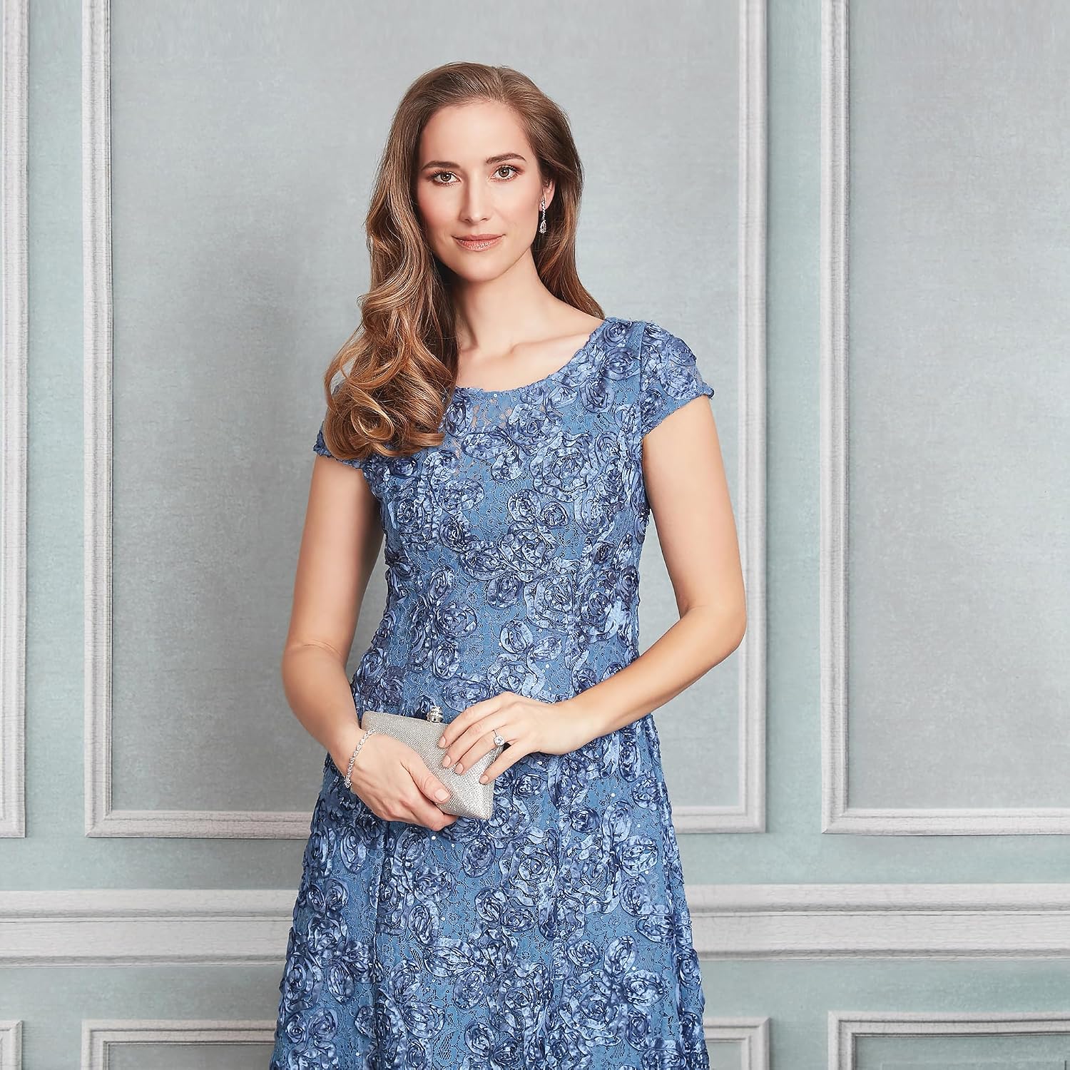 Classic rosette tea length A-line dress in [color] for wedding guest occasions — view 3