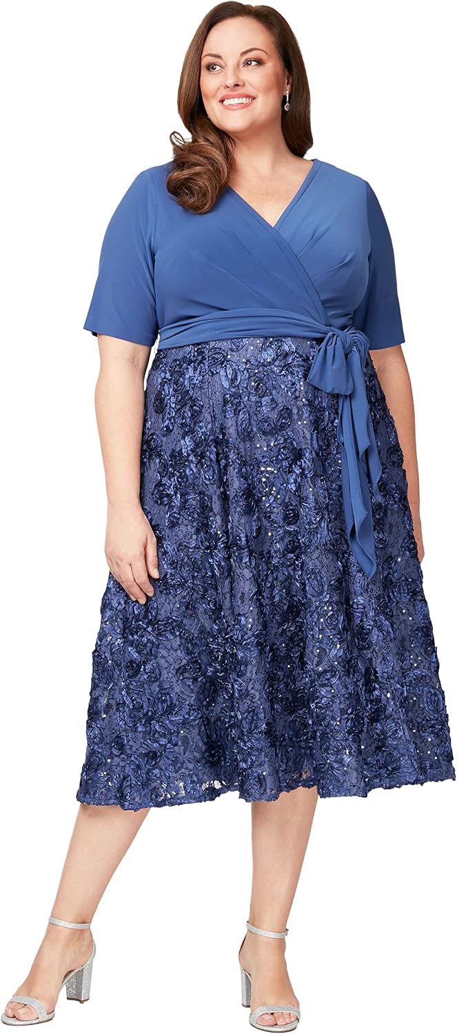 Classic rosette tea length A-line dress in [color] for wedding guest occasions — view 4