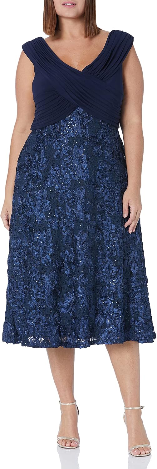 Classic rosette tea length A-line dress in [color] for wedding guest occasions — view 2