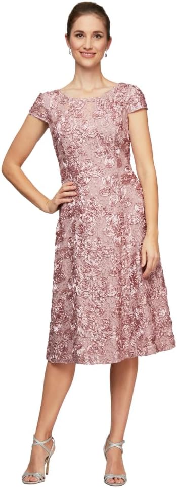Classic rosette tea length A-line dress in [color] for wedding guest occasions — view 3