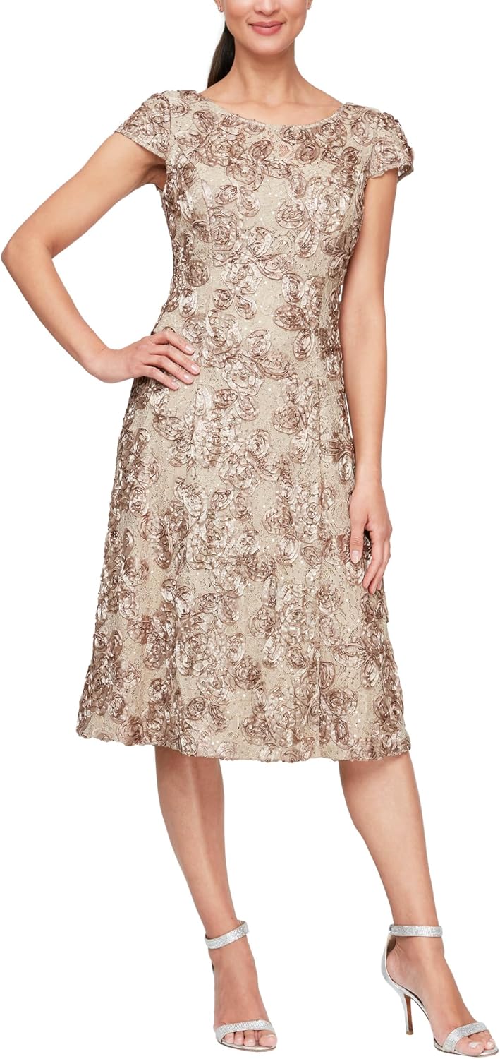 Classic rosette tea length A-line dress in [color] for wedding guest occasions — view 5