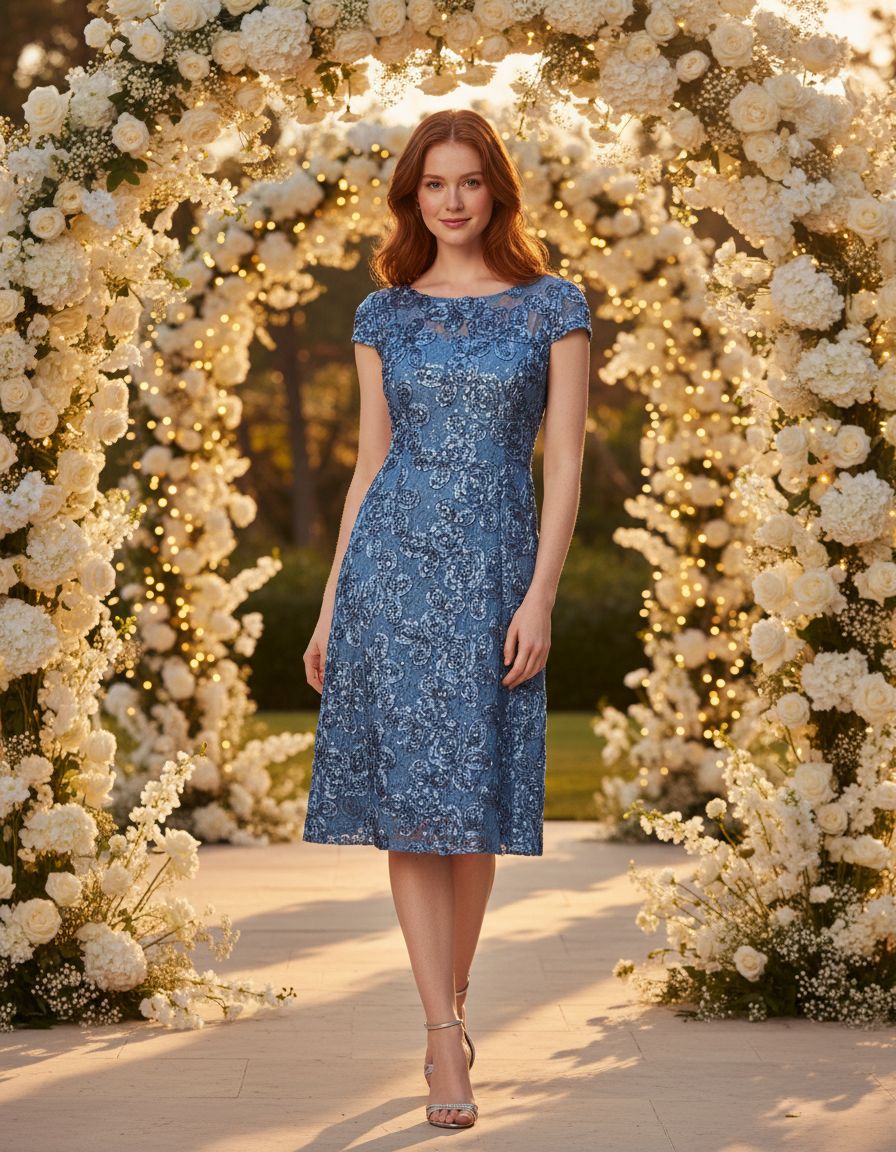 Classic rosette tea length A-line dress in [color] for wedding guest occasions — view 6