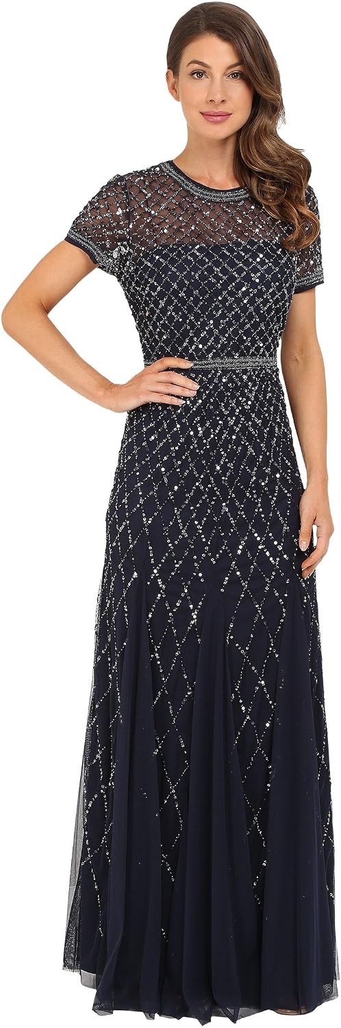 Short-sleeve grid beaded gown in [color] for wedding guest and formal occasions — view 1