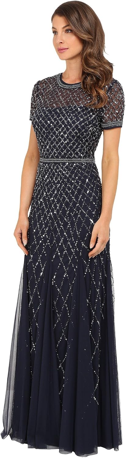 Short-sleeve grid beaded gown in [color] for wedding guest and formal occasions — view 2