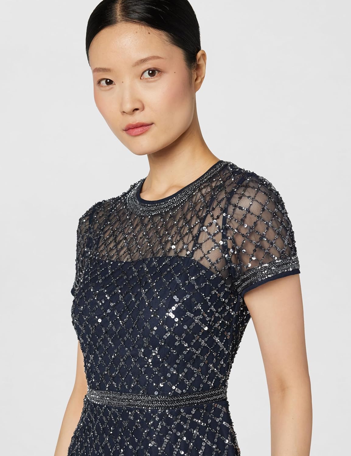 Short-sleeve grid beaded gown in [color] for wedding guest and formal occasions — view 3
