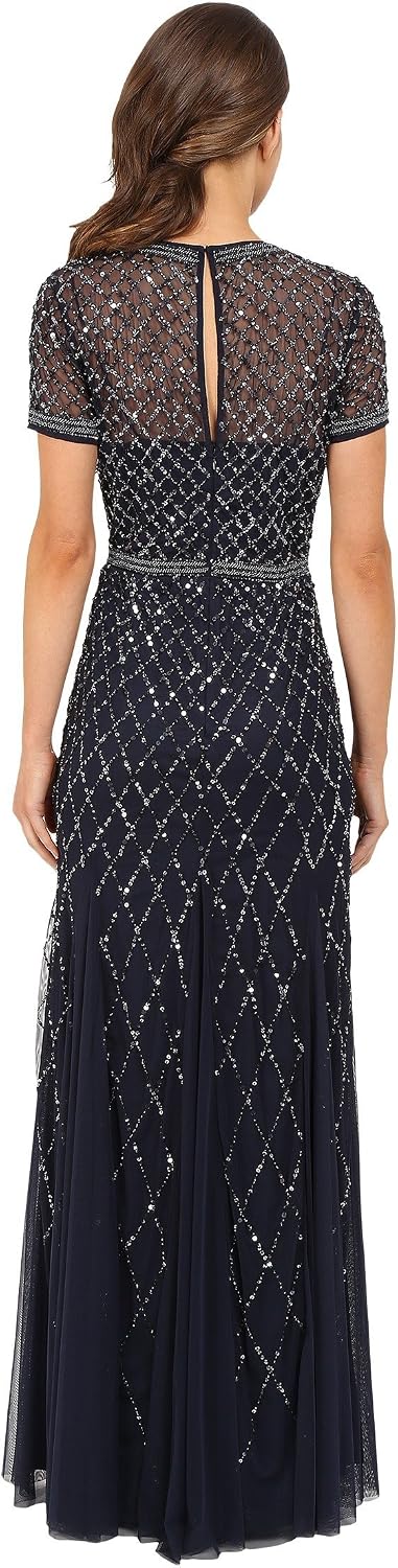 Short-sleeve grid beaded gown in [color] for wedding guest and formal occasions — view 4