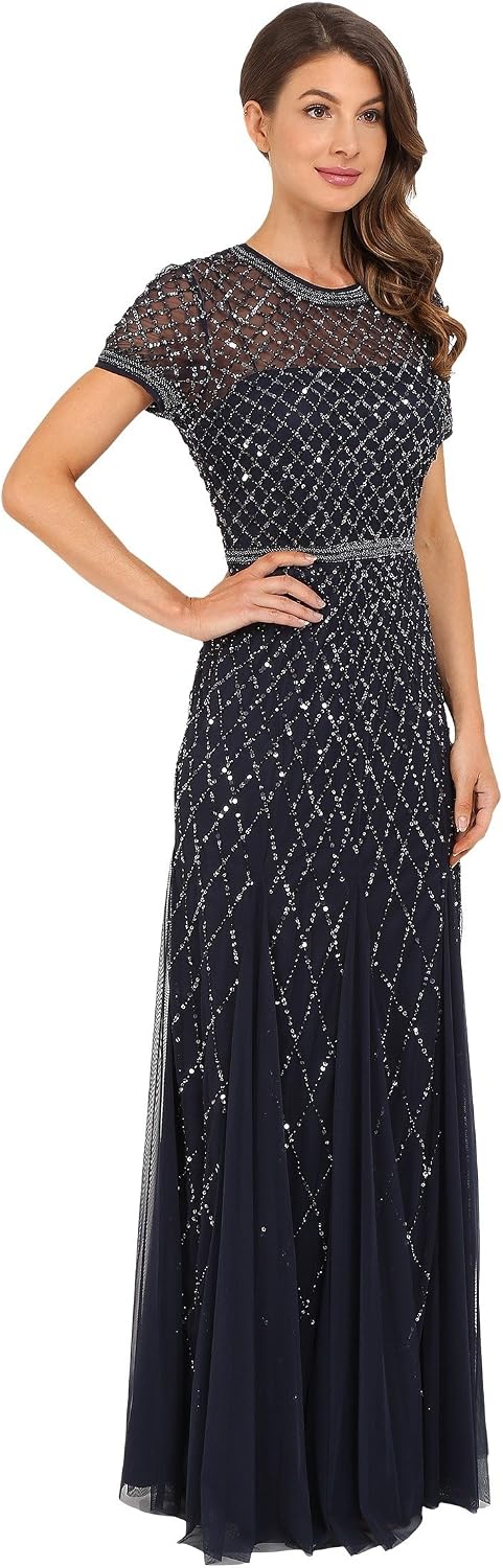 Short-sleeve grid beaded gown in [color] for wedding guest and formal occasions — view 2