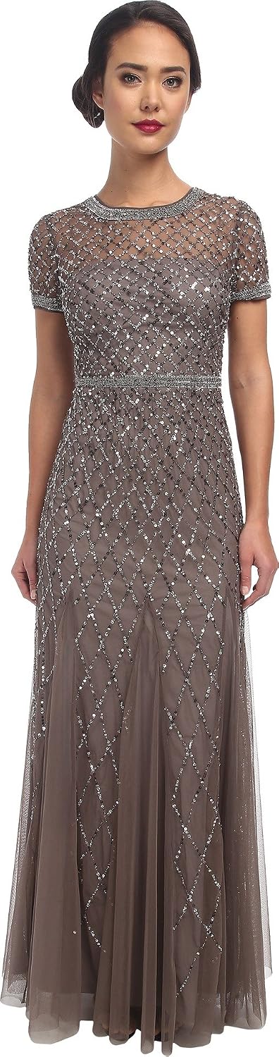 Short-sleeve grid beaded gown in [color] for wedding guest and formal occasions — view 3