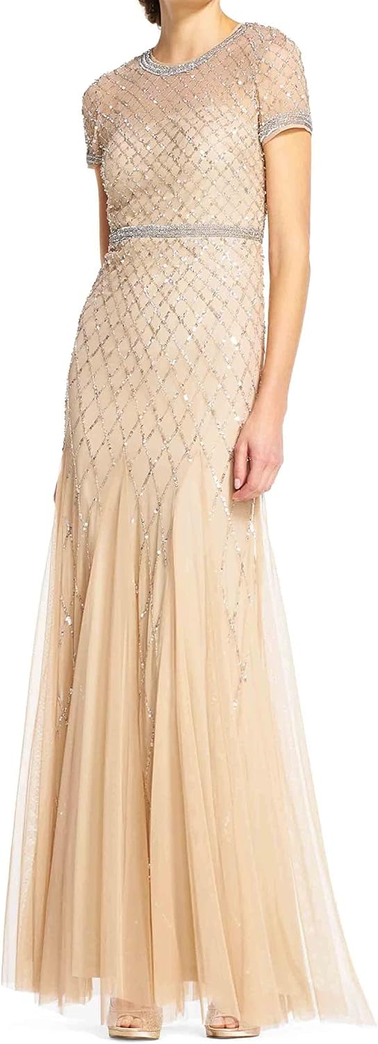 Short-sleeve grid beaded gown in [color] for wedding guest and formal occasions — view 4
