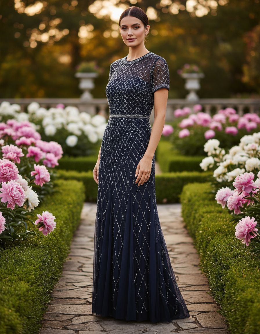 Short-sleeve grid beaded gown in [color] for wedding guest and formal occasions — view 3b