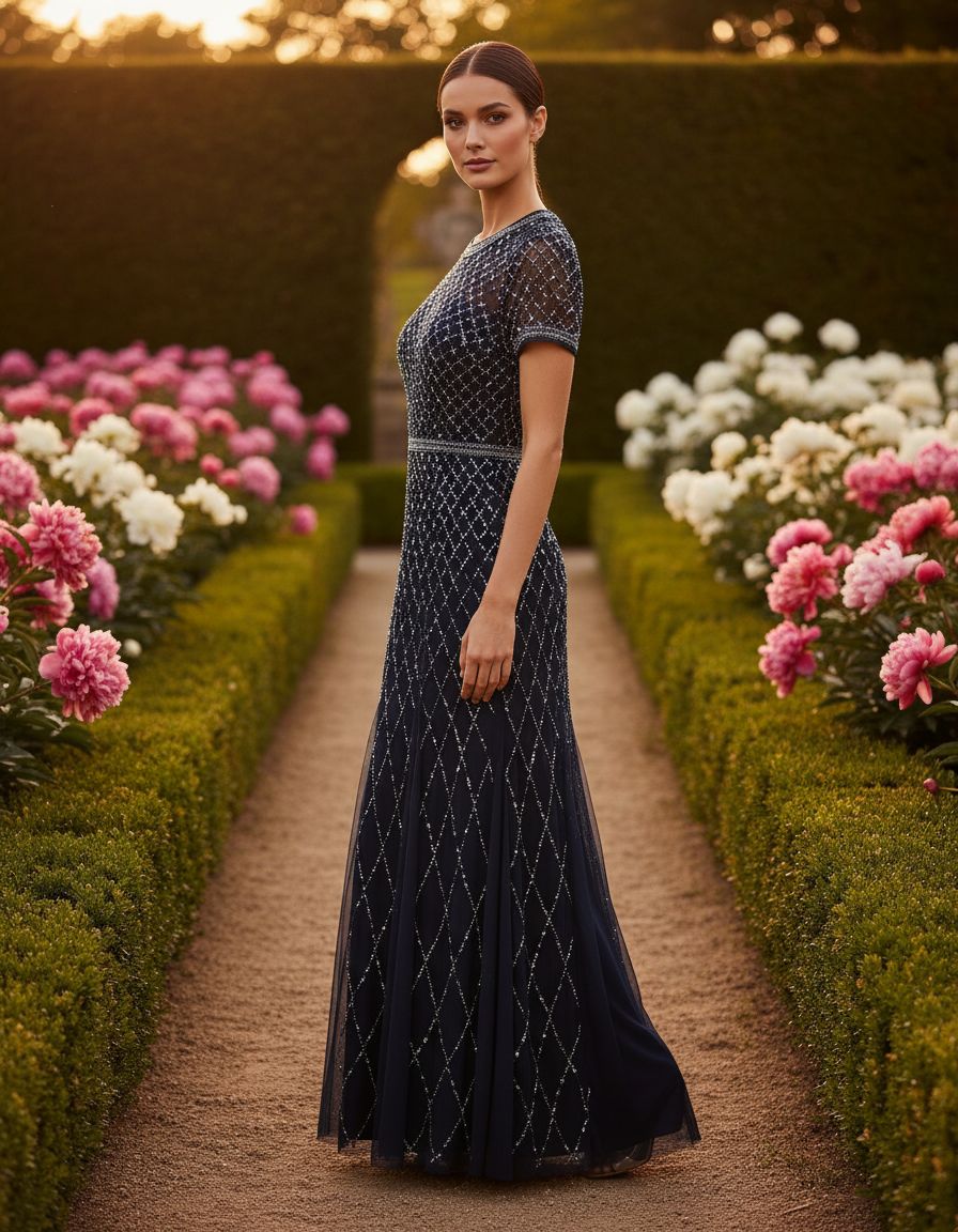 Short-sleeve grid beaded gown in [color] for wedding guest and formal occasions — view 5b