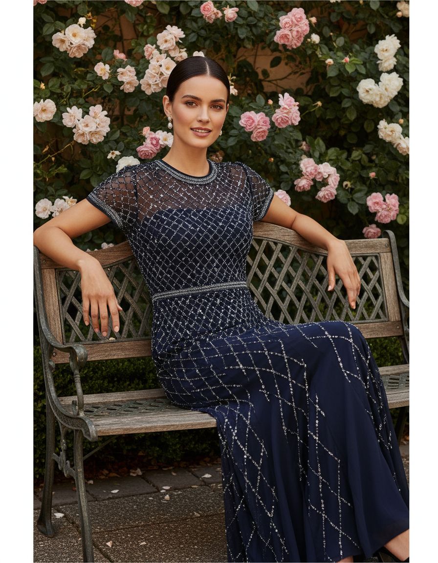 Short-sleeve grid beaded gown in [color] for wedding guest and formal occasions — view 2