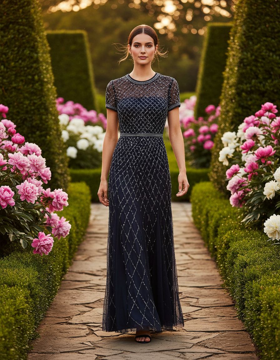 Short-sleeve grid beaded gown in [color] for wedding guest and formal occasions — view 3a