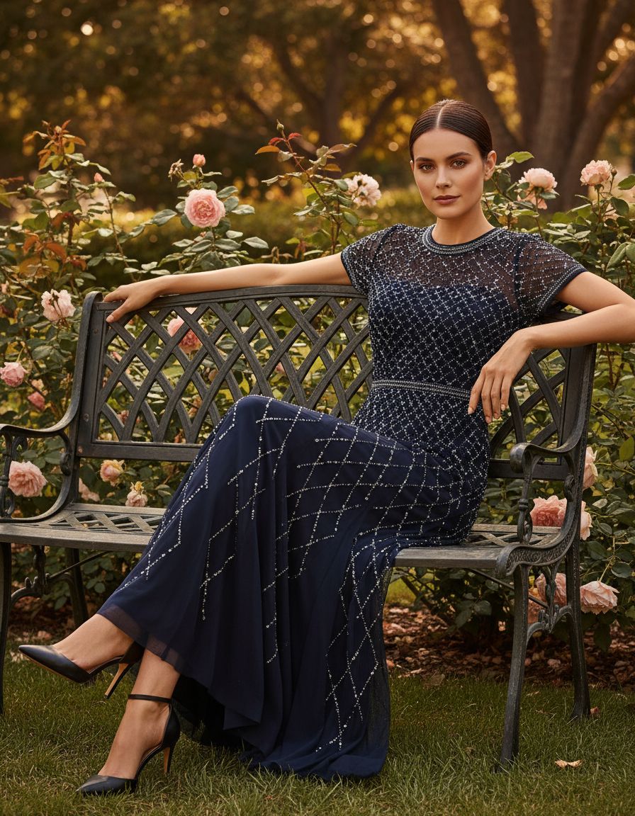 Short-sleeve grid beaded gown in [color] for wedding guest and formal occasions — view 4
