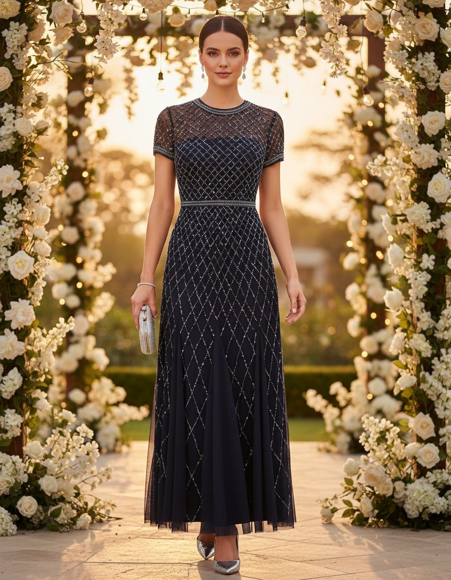 Short-sleeve grid beaded gown in [color] for wedding guest and formal occasions — view 5a