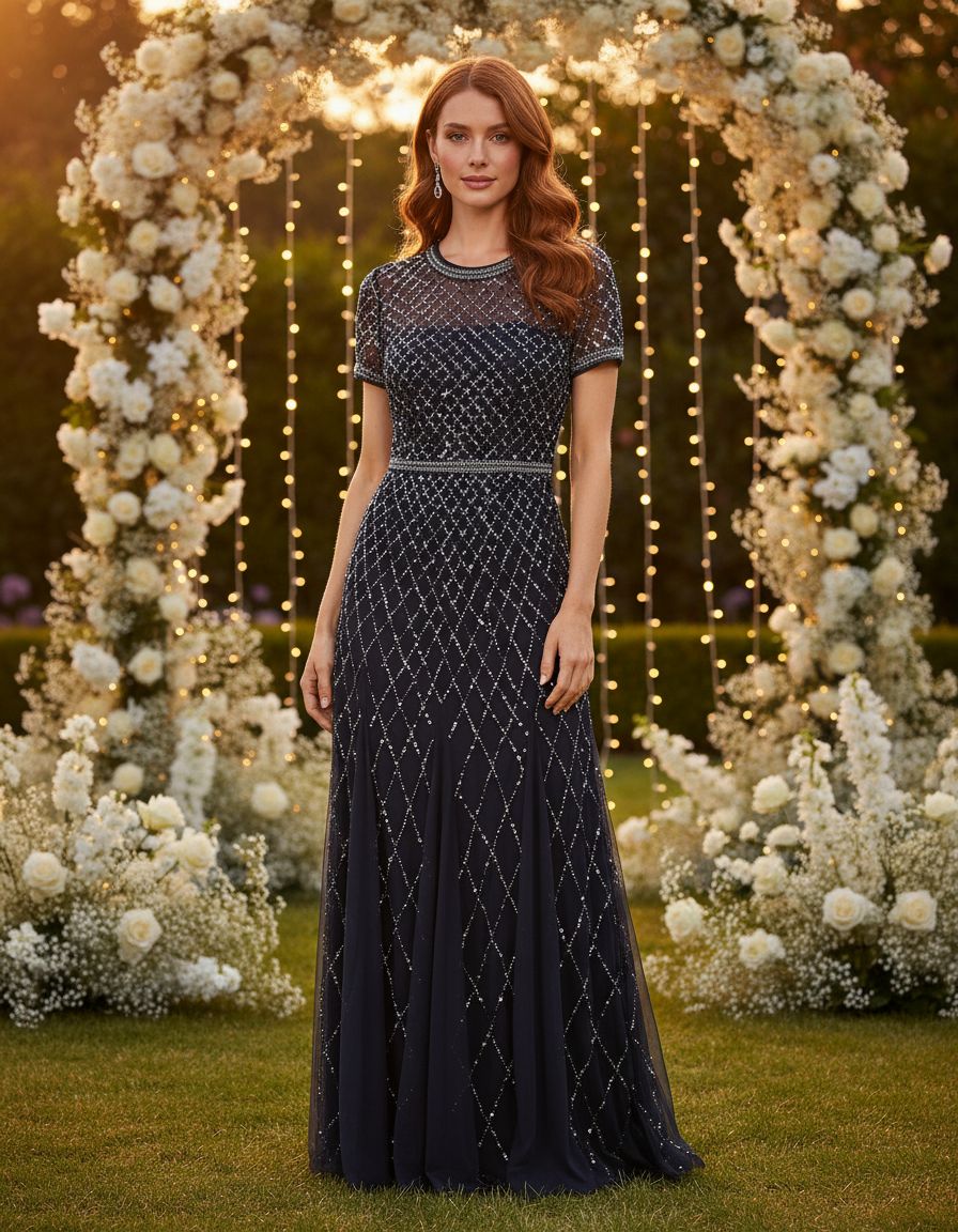 Short-sleeve grid beaded gown in [color] for wedding guest and formal occasions — view 6