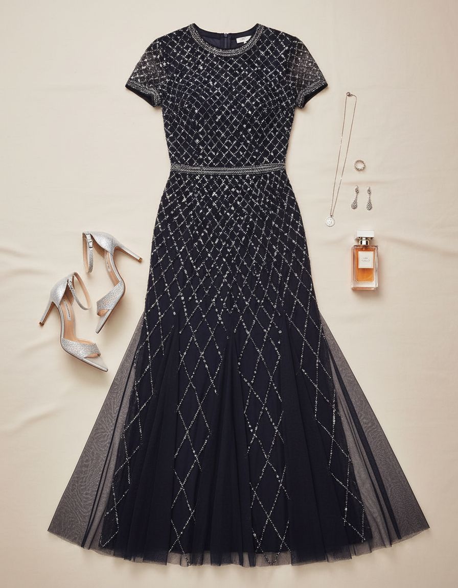 Short-sleeve grid beaded gown in [color] for wedding guest and formal occasions — view 7a