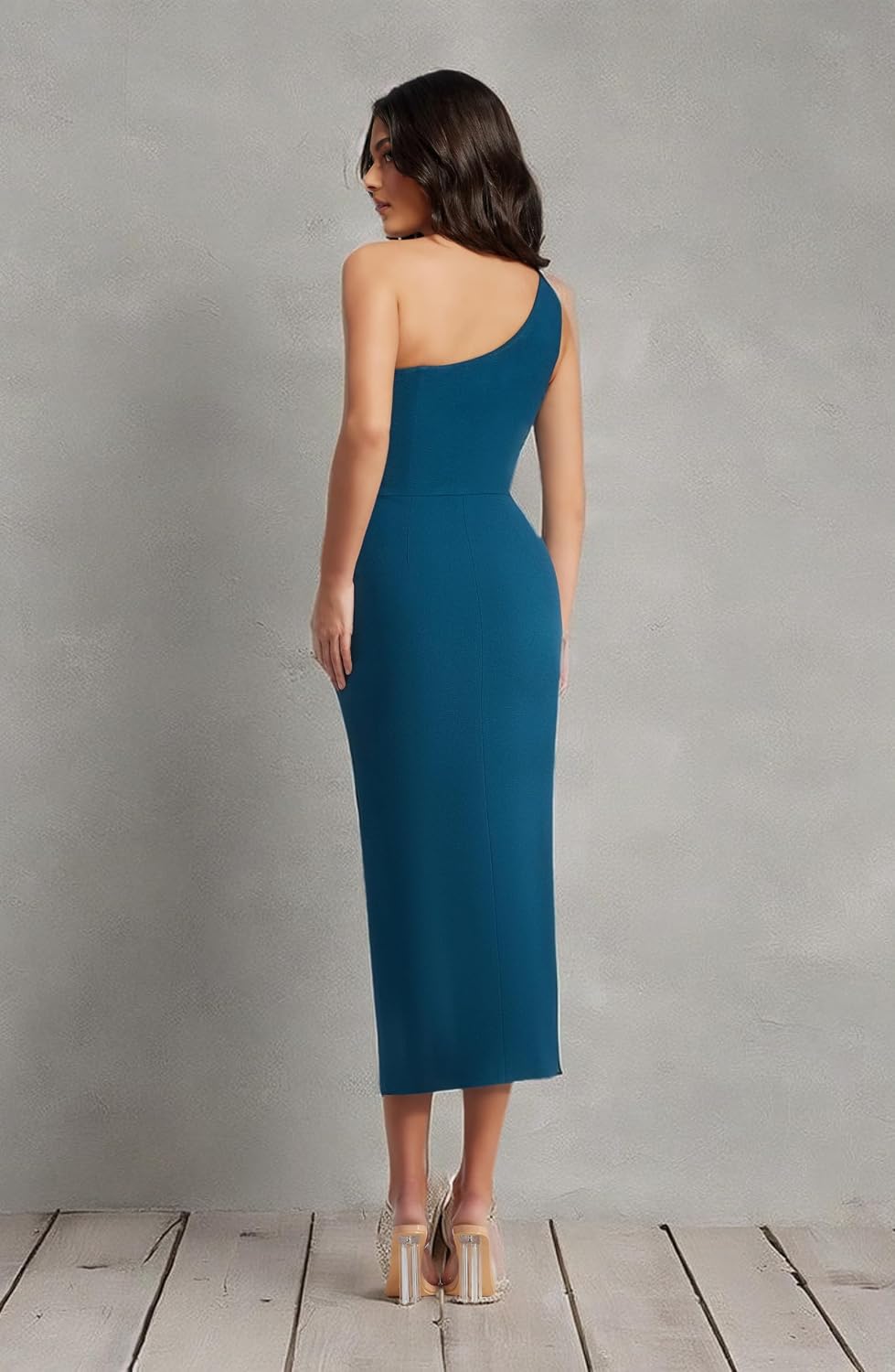 Sophisticated bodycon midi dress in [color] worn for date night, showcasing fitted silhouette and elegant draping — view 4