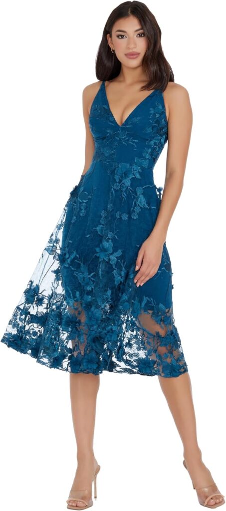 Romantic Spaghetti Strap Midi Dress with 3D Floral for Date Night