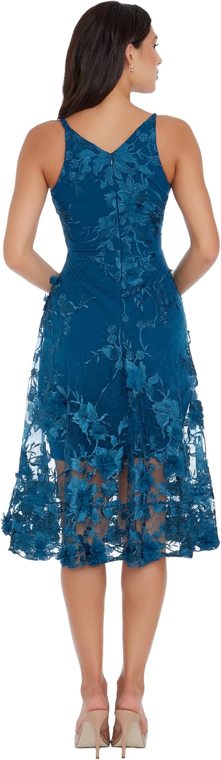 Romantic spaghetti strap A-line midi dress with 3D floral embellishments, shown in [color], styled for date night and wedding guest occasions — view 2