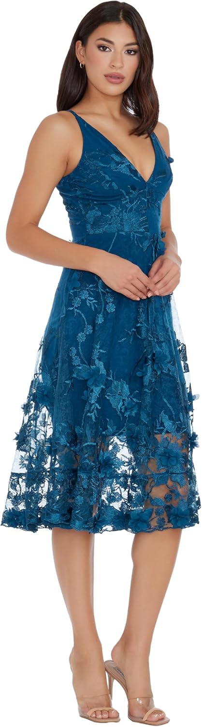 Romantic spaghetti strap A-line midi dress with 3D floral embellishments, shown in [color], styled for date night and wedding guest occasions — view 3