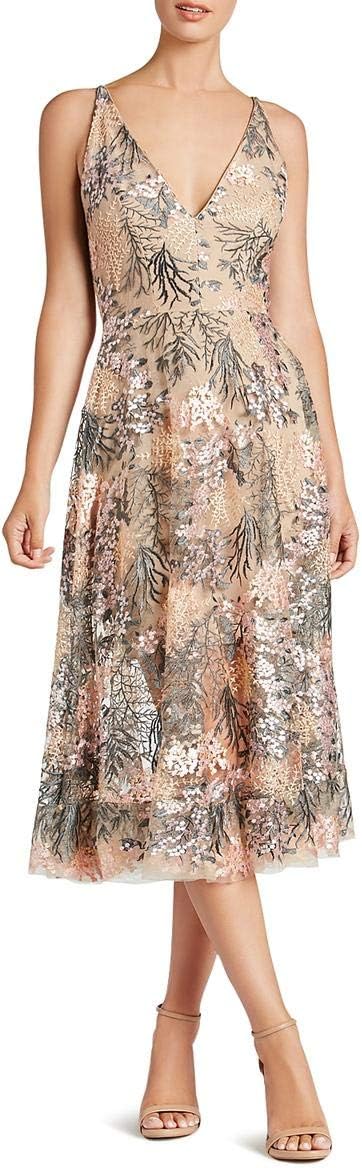 Romantic spaghetti strap A-line midi dress with 3D floral embellishments, shown in [color], styled for date night and wedding guest occasions — view 4
