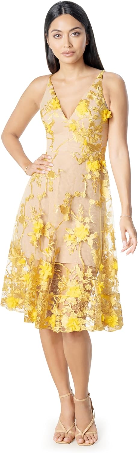 Romantic spaghetti strap A-line midi dress with 3D floral embellishments, shown in [color], styled for date night and wedding guest occasions — view 2