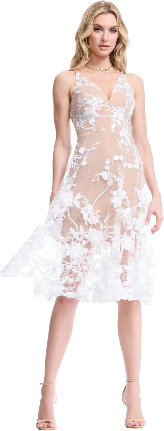 Romantic spaghetti strap A-line midi dress with 3D floral embellishments, shown in [color], styled for date night and wedding guest occasions — view 3