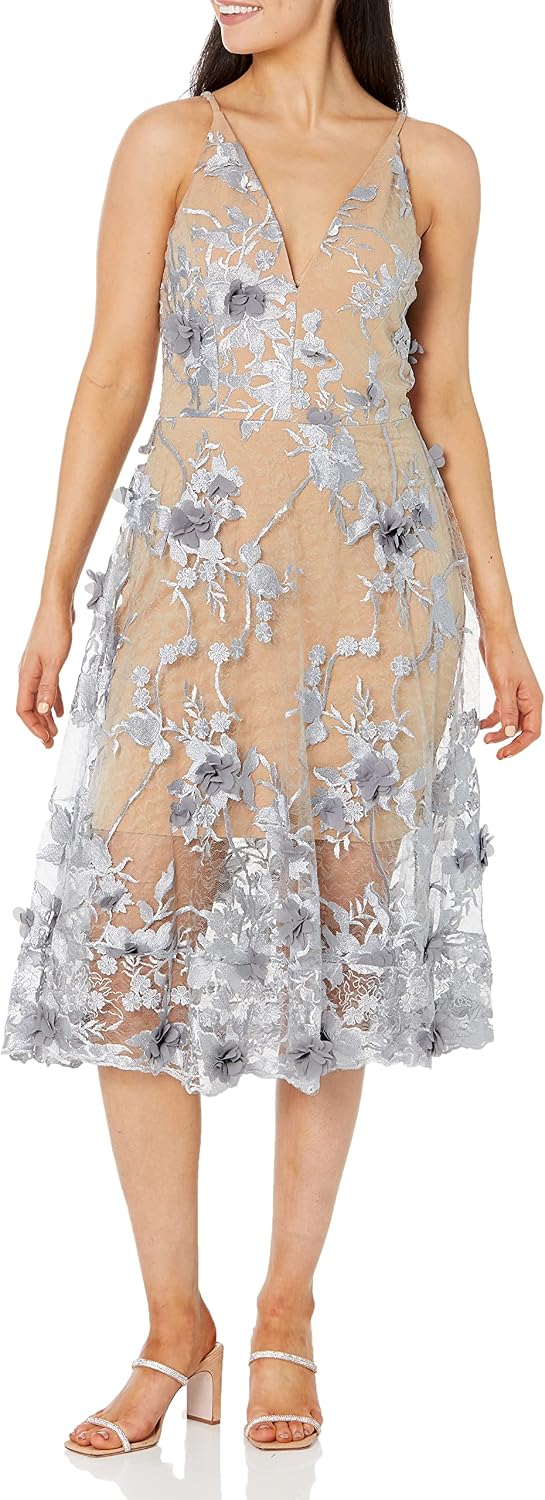 Romantic spaghetti strap A-line midi dress with 3D floral embellishments, shown in [color], styled for date night and wedding guest occasions — view 4