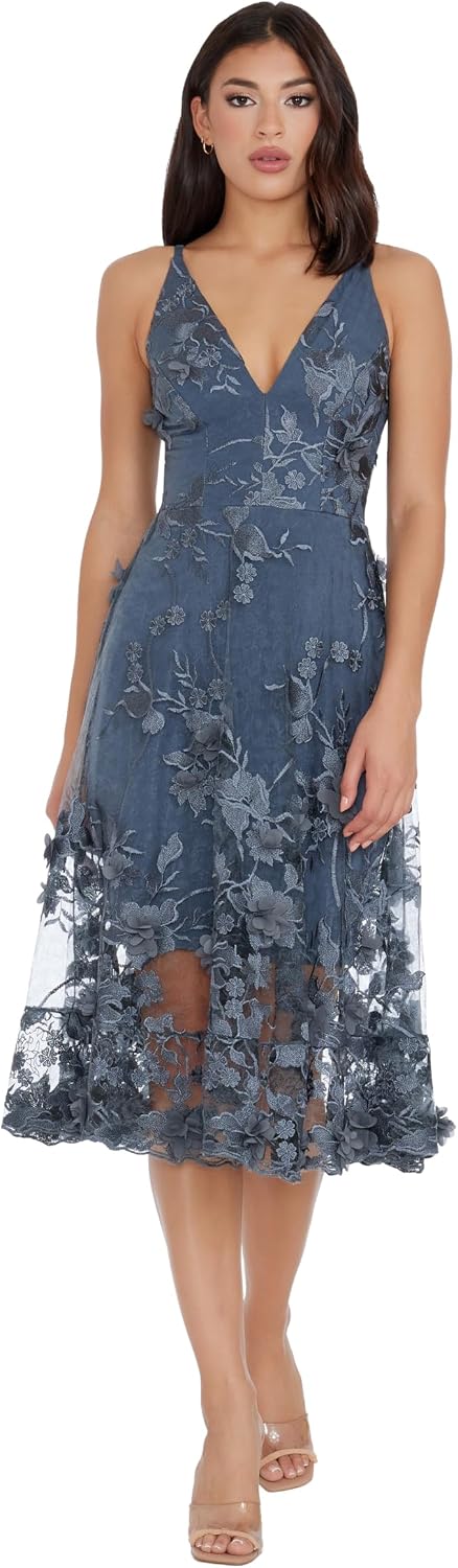 Romantic spaghetti strap A-line midi dress with 3D floral embellishments, shown in [color], styled for date night and wedding guest occasions — view 5