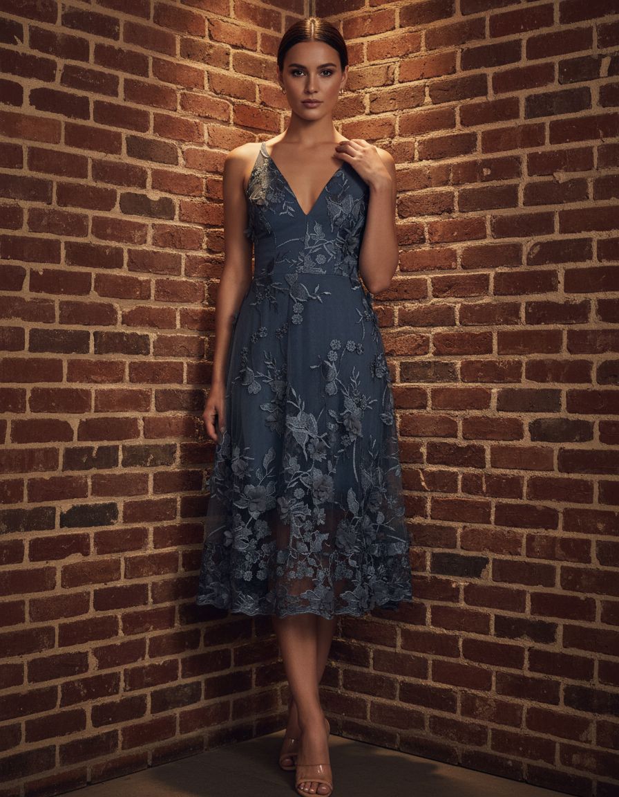 Romantic spaghetti strap A-line midi dress with 3D floral embellishments, shown in [color], styled for date night and wedding guest occasions — view 7b