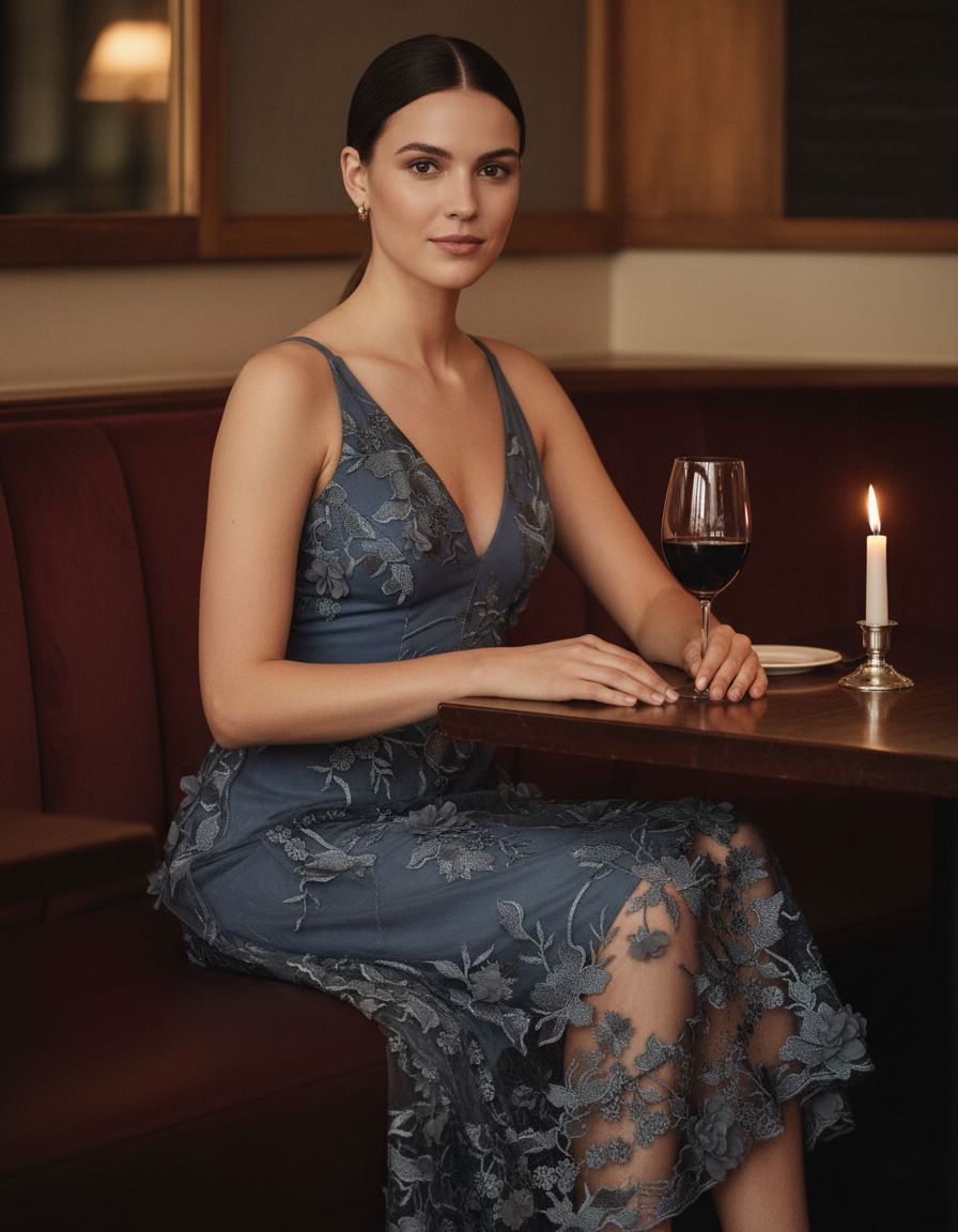 Romantic spaghetti strap A-line midi dress with 3D floral embellishments, shown in [color], styled for date night and wedding guest occasions — view 2