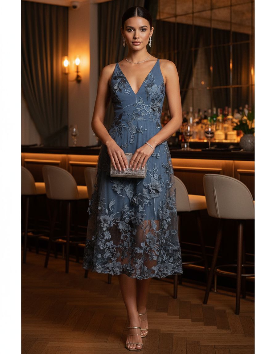 Romantic spaghetti strap A-line midi dress with 3D floral embellishments, shown in [color], styled for date night and wedding guest occasions — view 5a