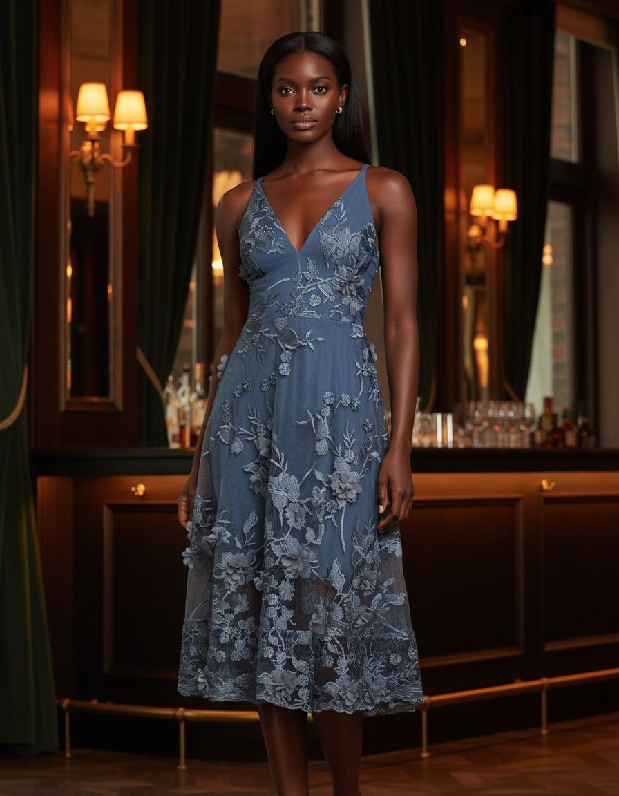 Romantic spaghetti strap A-line midi dress with 3D floral embellishments, shown in [color], styled for date night and wedding guest occasions — view 6