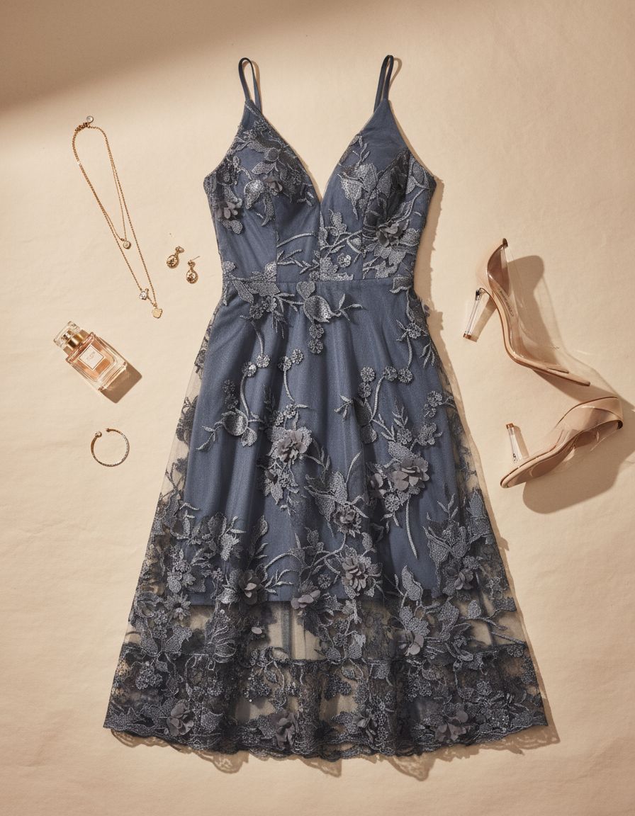Romantic spaghetti strap A-line midi dress with 3D floral embellishments, shown in [color], styled for date night and wedding guest occasions — view 7a