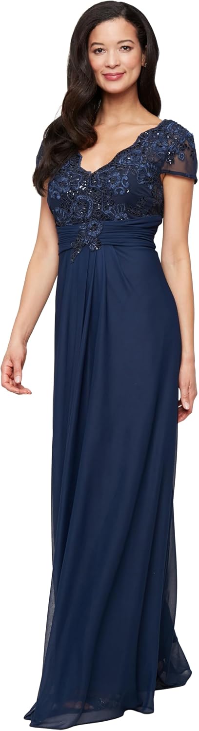 Stretch sequin bodice empire waist long gown in [color] for formal wedding events, shown in [petite/regular] size — view 1