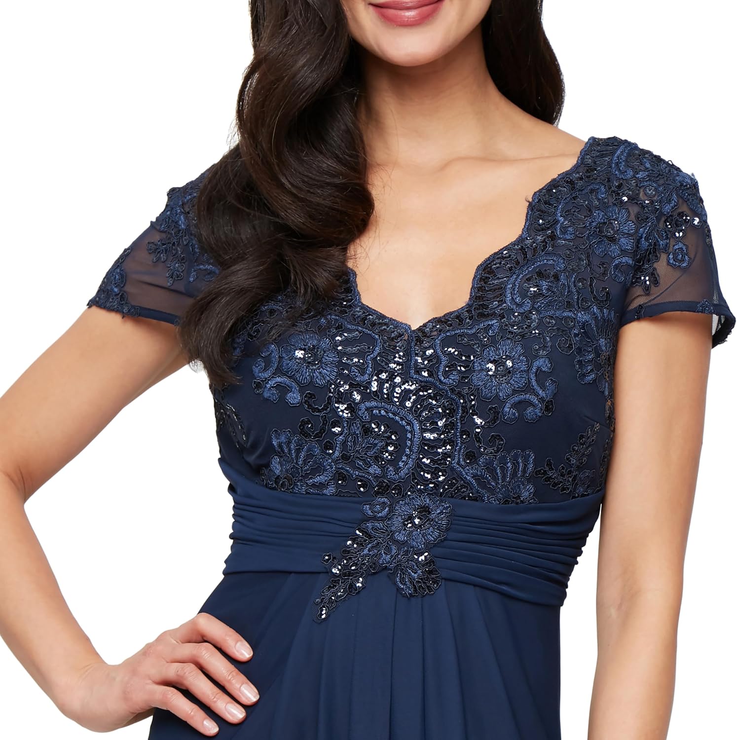 Stretch sequin bodice empire waist long gown in [color] for formal wedding events, shown in [petite/regular] size — view 3