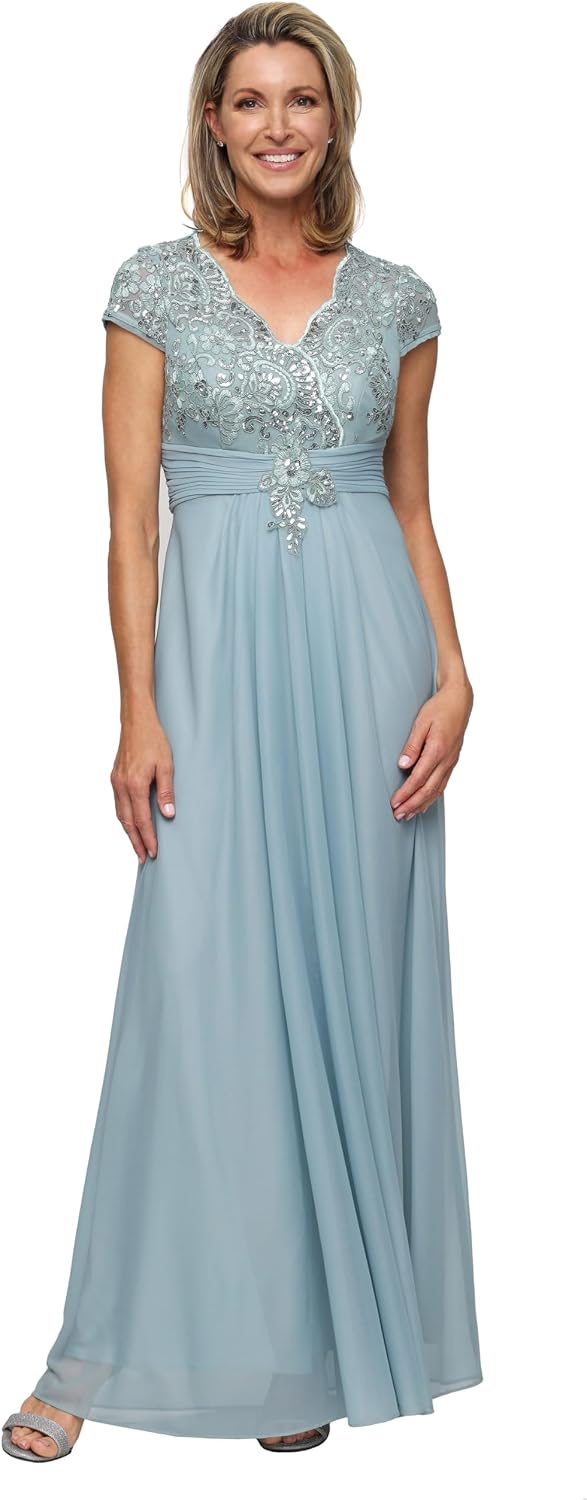 Stretch sequin bodice empire waist long gown in [color] for formal wedding events, shown in [petite/regular] size — view 4