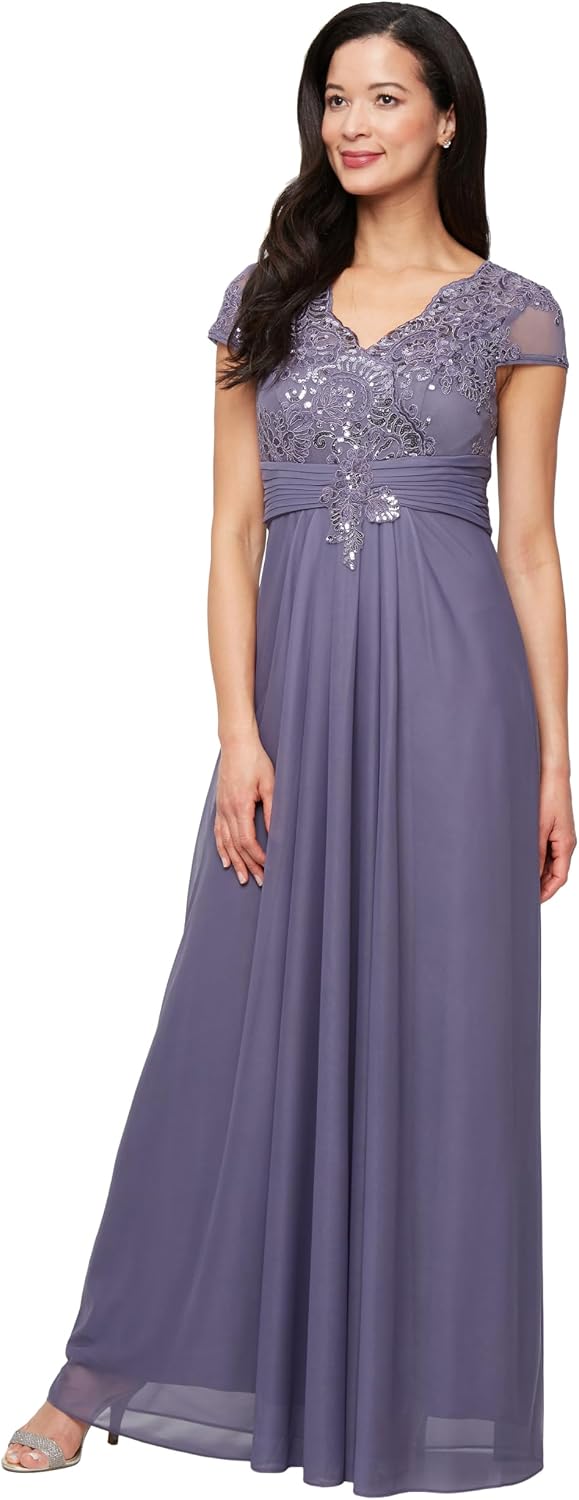 Stretch sequin bodice empire waist long gown in [color] for formal wedding events, shown in [petite/regular] size — view 2