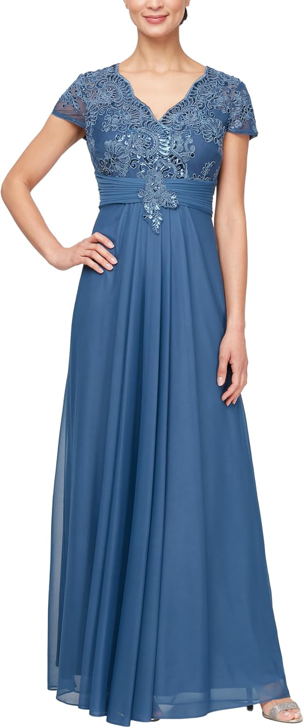 Stretch sequin bodice empire waist long gown in [color] for formal wedding events, shown in [petite/regular] size — view 3