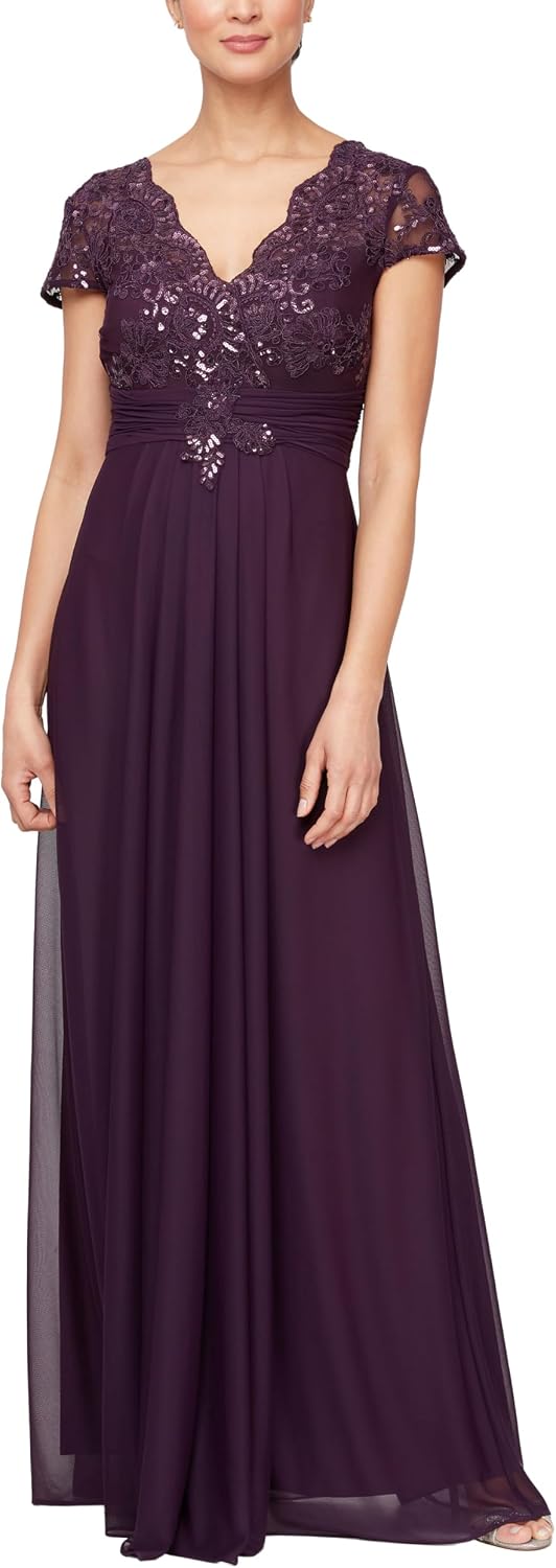 Stretch sequin bodice empire waist long gown in [color] for formal wedding events, shown in [petite/regular] size — view 4