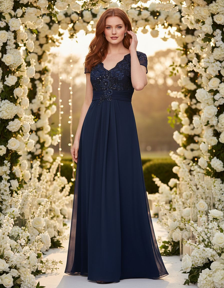 Stretch sequin bodice empire waist long gown in [color] for formal wedding events, shown in [petite/regular] size — editorial hero