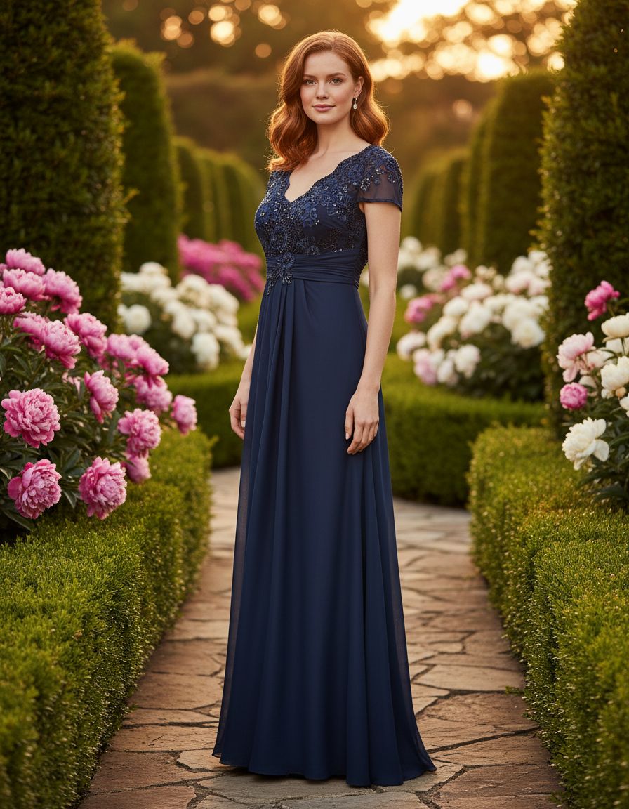 Stretch sequin bodice empire waist long gown in [color] for formal wedding events, shown in [petite/regular] size — view 3b