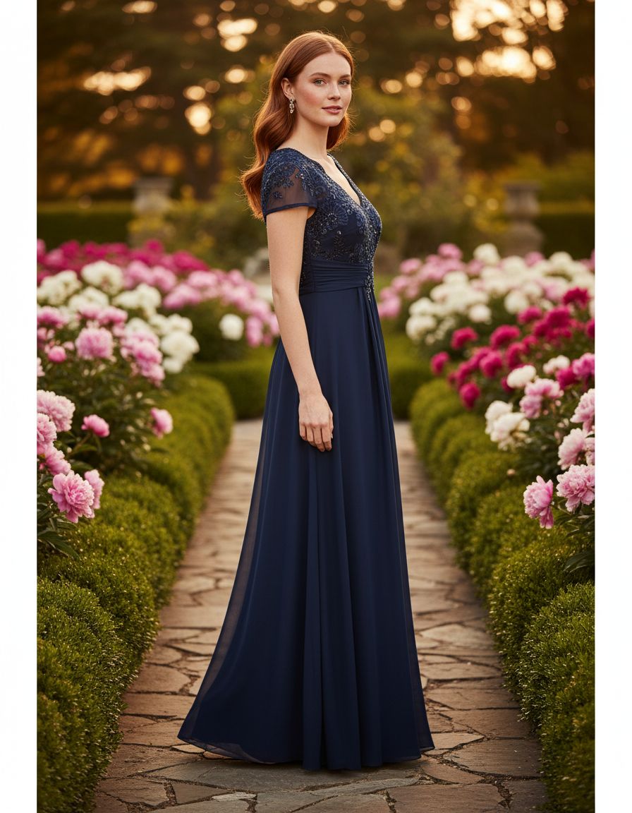 Stretch sequin bodice empire waist long gown in [color] for formal wedding events, shown in [petite/regular] size — view 5b