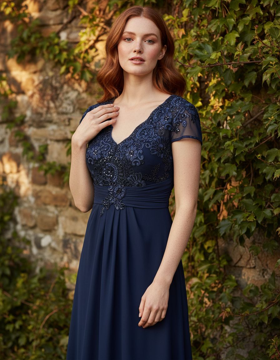 Stretch sequin bodice empire waist long gown in [color] for formal wedding events, shown in [petite/regular] size — view 7b