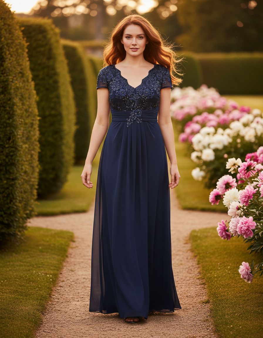 Stretch sequin bodice empire waist long gown in [color] for formal wedding events, shown in [petite/regular] size — view 3a
