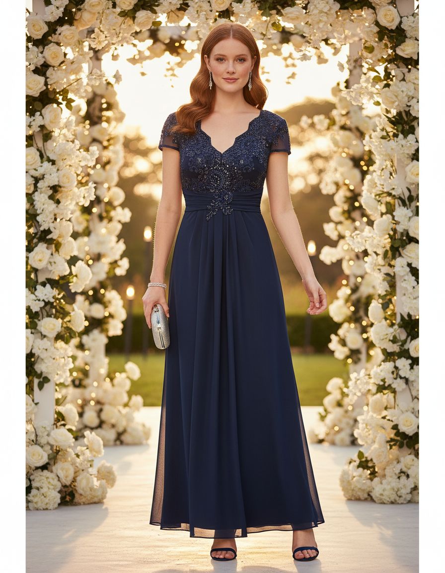 Stretch sequin bodice empire waist long gown in [color] for formal wedding events, shown in [petite/regular] size — view 5a
